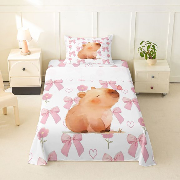 Erosebridal Lovely Capybara Twin Sheet Sets For Capybara Lover,Cartoon Bows Kawaii Pink Floral Bedding For Kids Girls 3-Piece