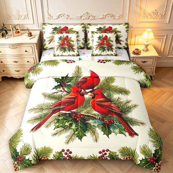 Erosebridal Lovely Cardinal Animals 7-Piece King Bedding,Vintage Floral Plant King Bed in a Bag,Cream Red,Christmas Reversible