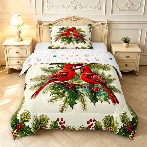 Erosebridal Lovely Cardinal Animals Twin Comforter Sets,Vintage Floral Plant Bedding Set,Cream Red,Christmas Reversible,2-Piece,1 Comforter and 1 Pillowcase