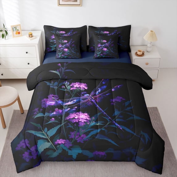 Erosebridal Lovely Dragonfly 7-Piece Twin Bedding,Vintage Flowers Bedding Comforter Set,Black Purple,Navy Blue Reversible