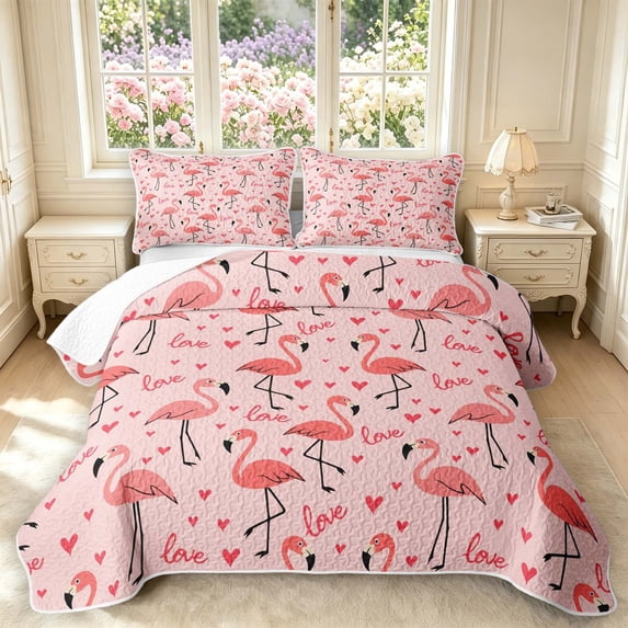 Erosebridal Lovely Flamingo Animals Quilt King,Kawaii Wildlife King Coverlet Set,Pink Red,3-Piece,1 Bedspread and 2 Pillowcases