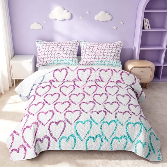 Erosebridal Lovely Hearts Twin Quilt Set, Love Theme Twin Coverlet Set, Reversible, Glitter Purple Teal, 2-Piece (1 Bedspread and 1 Pillowcase)