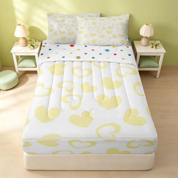 Erosebridal Lovely Hearts Zipper Full Size Comforter Sets with Fitted Sheet and 2 Pillowcases, Cute HeartZipper Bedding Set, Polka Dots Reversible, Pale Yellow, Polka Dots Reversible