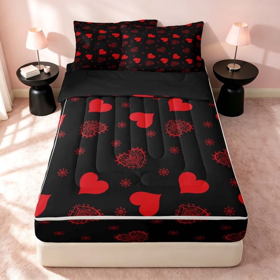 Erosebridal Lovely HeartsZipper Twin Comforter Sets with Fitted Sheet and 2 Pillowcases, Romantic Love Zipper Bedding Set, Black Reversible, Black Red, Black Reversible