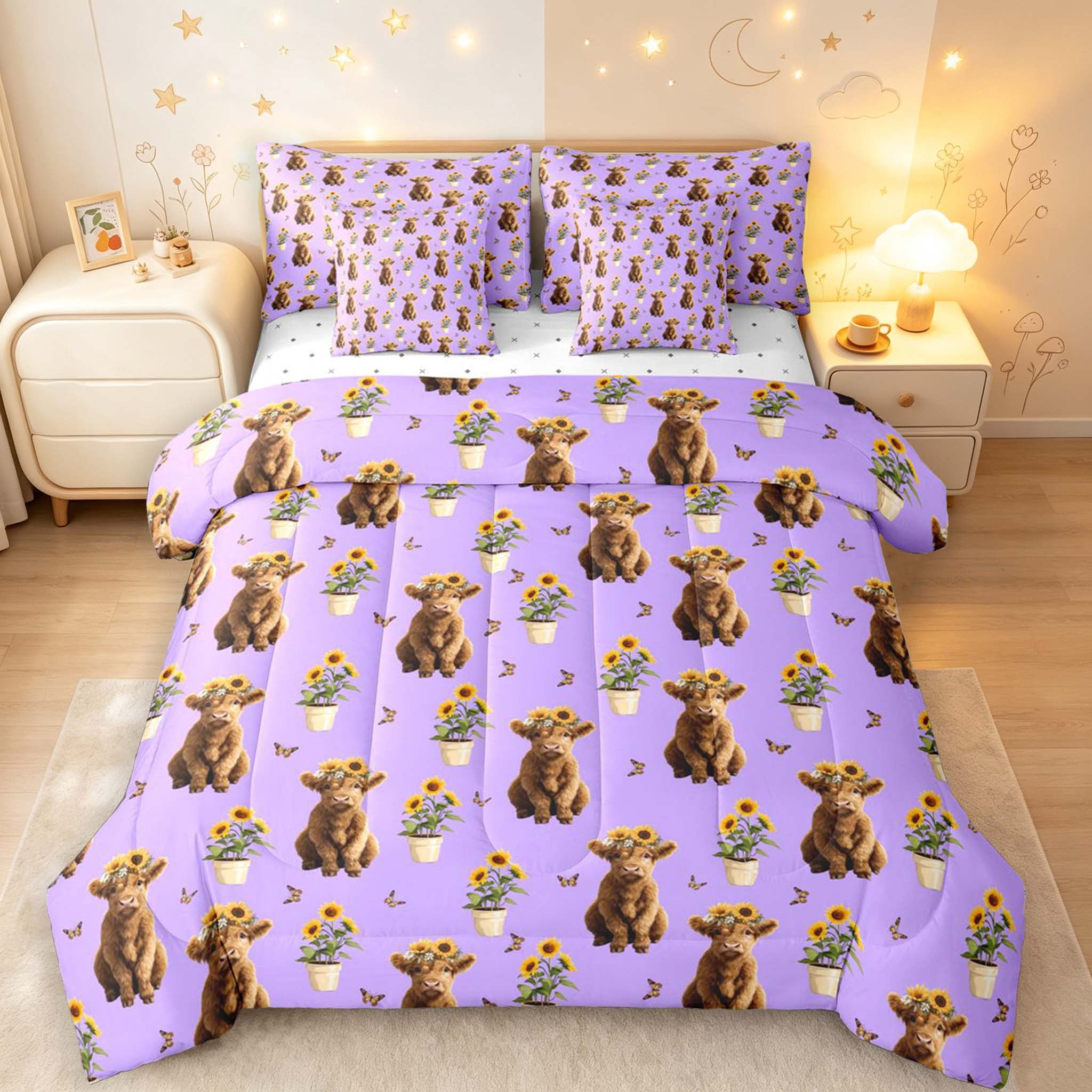 Erosebridal Lovely Highland Cow Animals 7-Piece King Bedding,Purple ...