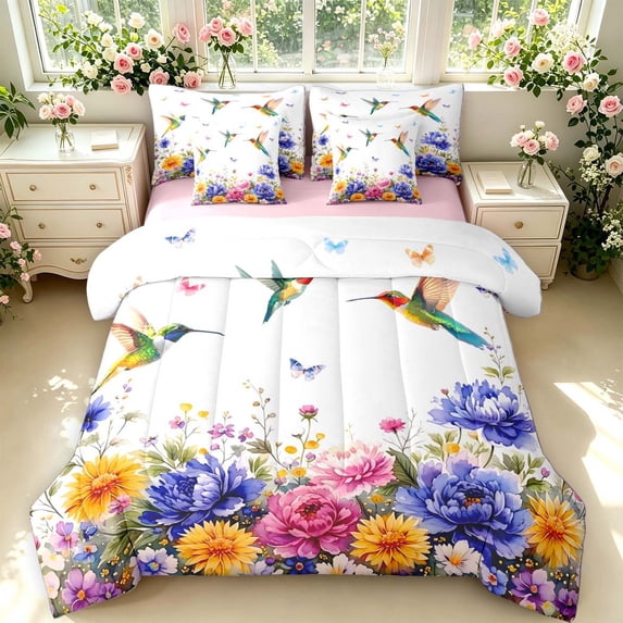 Erosebridal Lovely Hummingbird 7-Piece Twin Bedding,Kawaii Wildlife Bedding Comforter Set,White Blue,Pink Reversible