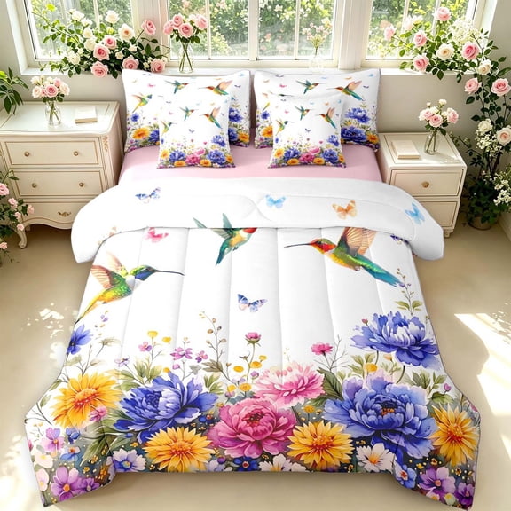 Erosebridal Lovely Hummingbird 7-Piece Twin Bedding,Kawaii Wildlife Bedding Comforter Set,White Blue,Pink Reversible