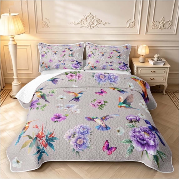 Erosebridal Lovely Hummingbird Quilt Full,Watercolor Tropical Full Bedspread Sets,Lavender Purple,3-Piece,1 Coverlet and 2 Pillowcases