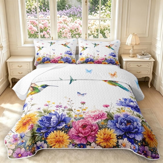 Erosebridal Lovely Hummingbird Twin Quilt Set,Kawaii Wildlife Twin Coverlet Set,White Blue,2pcs,1 Bedspread and 1 Pillowcase