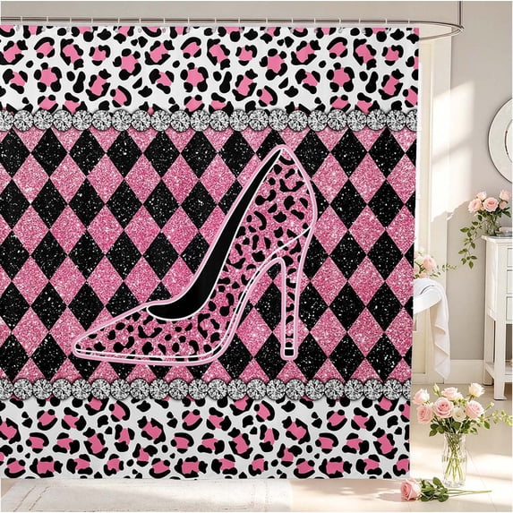 Erosebridal Lovely Leopard High Heels Shower Curtain 72Wx72L,Fashion Checkered Bathroom Curtain,Pink Black