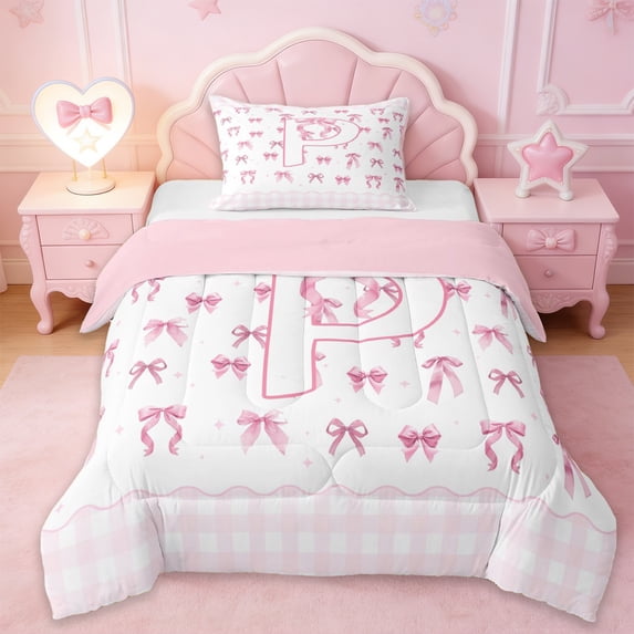 Erosebridal Lovely Pink Bowtie Kids Twin Comforter Sets,Initial Alphabet P Bedding Set For Girls,Pink Reversible,2-Piece