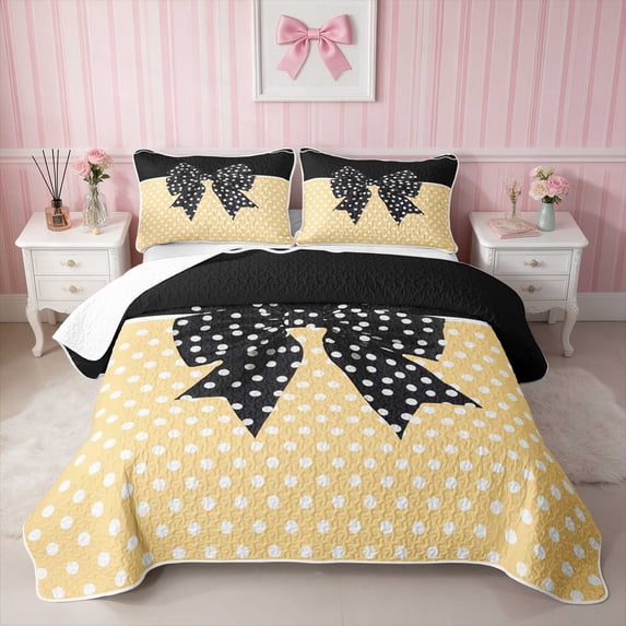 Erosebridal Lovely Satin Bow Ribbon Quilt Full for Girls, Romantic Floral Print Full Bedspread Sets, 3 Pieces 1 Coverlet and 2 Pillowcases