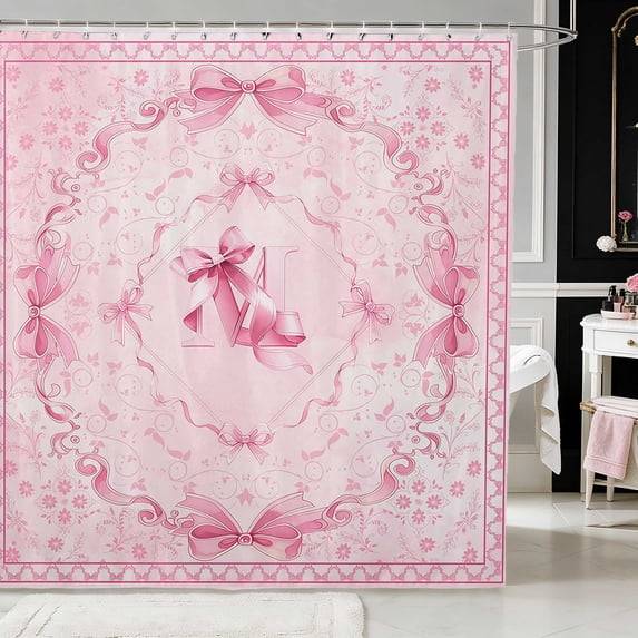 Erosebridal Lovely Satin Bow Ribbon Shower Curtain 72Wx72L for Girls, Romantic Floral Print Waterproof Bathroom Curtain