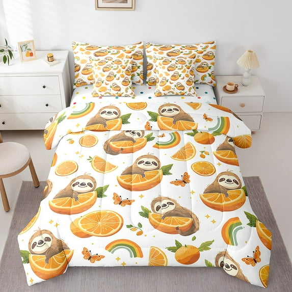 Erosebridal Lovely Sloth Bed in a Bag Full Size,Orange Fruit Bed Set,Rainbow Butterfly Stars Print Bedding Full Size,Breathable Bedroom Decor Reversible,7 Pieces