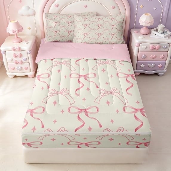 Erosebridal Lovely Stars Ribbon Zipper Full Size Comforter Sets with Fitted Sheet and 2 Pillowcases,Pink Outline Bow Vintage Zipper Bedding Set For Girls,Pink Reversible,4 Pieces