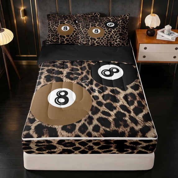 Erosebridal Lucky 8 Zipper Queen Comforter Set 4-Piece Set, Tan Leopard Front, Black Reversible
