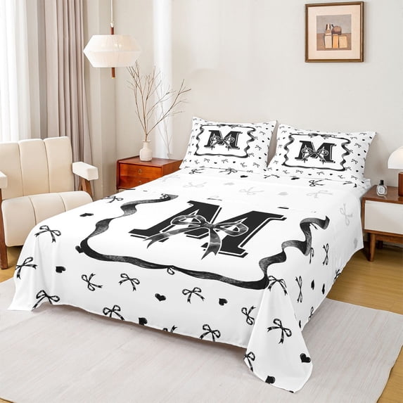 Erosebridal M Letter Girl Bed Sheets, Cute Bow-tie King Sheets, 4-Piece