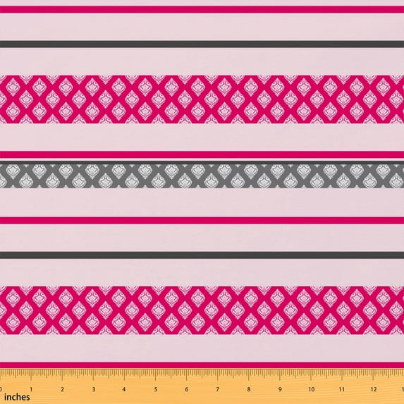 Erosebridal Magenta Gray Damask Diamond Band Fabric by the Yard 3 Yards, Pink Horizontal Stripe Room Decor Fabric by the Yard