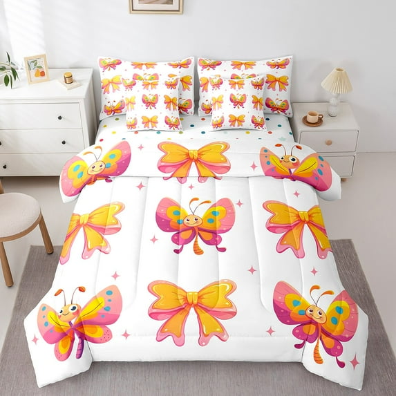 Erosebridal Magic Butterfly Bedding Twin Size, Princess Ribbon Bedding Sets Twin Size, Cute Cartoon Reversible Bed Set, Ultra Soft Bedroom Decor, 7-Piece