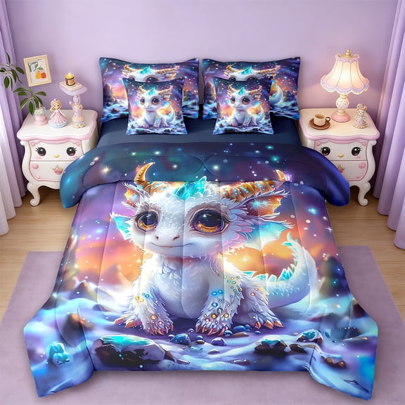 Erosebridal Magic Cartoon Animal Bedding Twin Size,Cute Dragon Bed Set,Snow Mountian Bedding Sets Twin Size For Youth, Lightweight Room Decor Reversible,7pcs