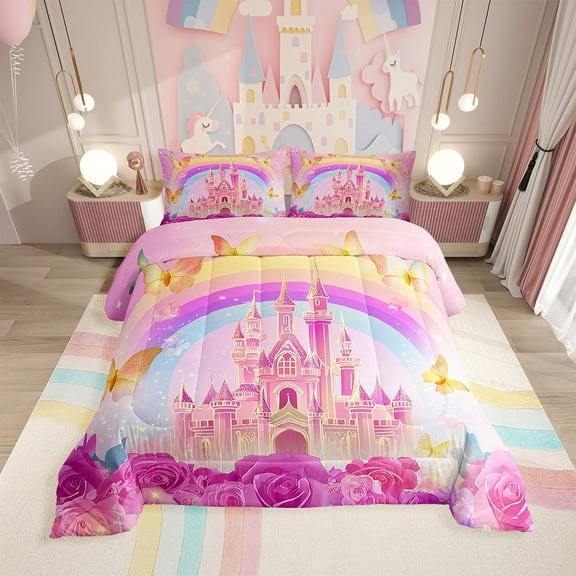 Erosebridal Magic Castle Bedding Twin Comforter Set, Butterfly Rose Down Comforter, Bling Rainbow Decor, Reversible 2-Piece
