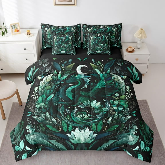 Erosebridal Magic Dragon Bed in a Bag Queen Size,Jungle Botanican Flower Bed Set,Trippy Style Bedding Queen Size For Teens,Ultra Soft Bedroom Decoration Reversible,7pcs