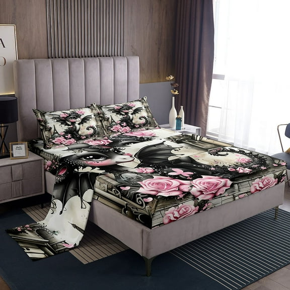 Erosebridal Magic Dragon Bed Sheets Set Full Size,Rose Eiffel Tower Bedding Full Size,Animal Bedroom Decor,Breathable,4pcs
