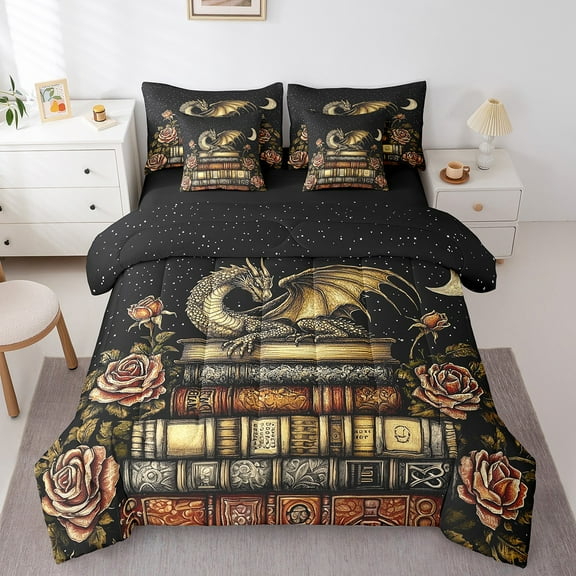 Erosebridal Magic Dragon Bed in a Bag Twin size, Western Vintage Bed Set, Book Rose Reversible Bedding Twin Size, Ultra Soft Room Decor, 7 Pieces