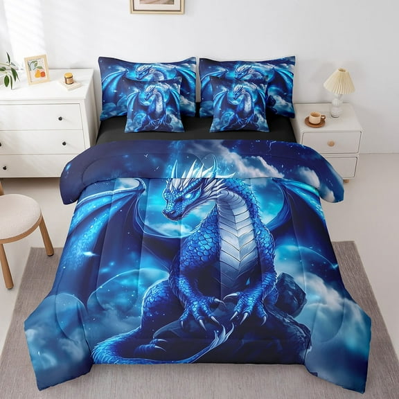 Erosebridal Magic Dragon Bedding Sets Twin Size, Magical Wildlife Comforter Sets with Sheets, Blue Home Decor, Reversible 7-Piece
