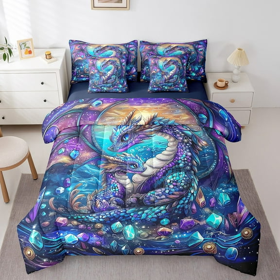 Erosebridal Magic Dragon Bedding Twin Size, Glitter Diamond Bedding Sets Twin Size, Cartoon Animal Decor, Reversible 7pcs