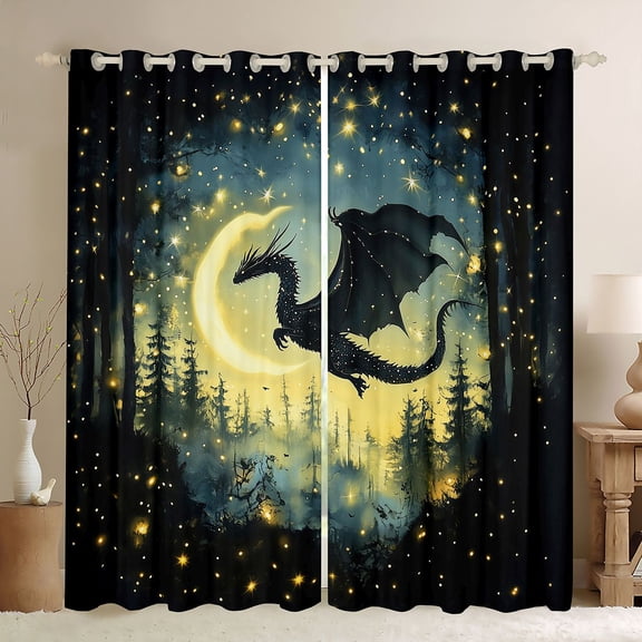 Erosebridal Magic Dragon Blackout Curtains Set of 2 (52x84 Each) for Boys, Magical Jungle Night Window Curtains