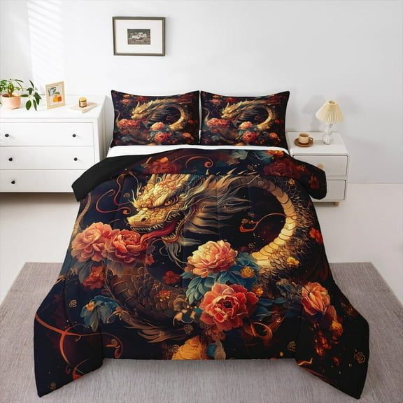 Erosebridal Magic Dragon Comforter Sets Twin Size,Cartoon Animal Comforters & Duvets,Colorful Botanical Floral Bedding Twin Comforter Set,Super Cozy Princess Room Decorative Reversible,2-Piece