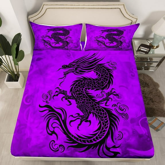 Erosebridal Magic Dragon Fitted Sheet Queen, Black and Purple Fitted Sheet Set Queen, Japanese Style Decor（No Top Sheet）