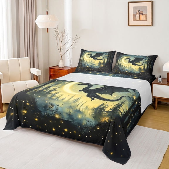 Erosebridal Magic Dragon Full Size Sheets for Boys, Magical Jungle Night Bed Sheets, 1 Flat Sheet, 1 Fitted Sheet and 2 Pillowcases