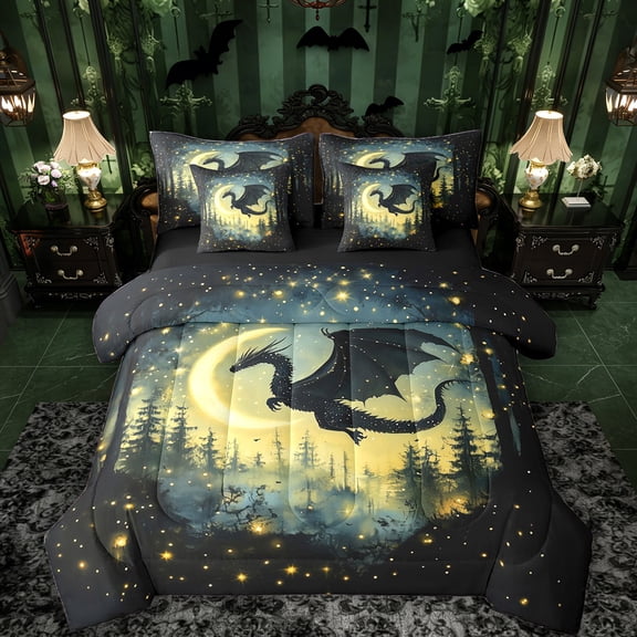 Erosebridal Magic Dragon Twin Bedding Sets for Boys, Magical Jungle Night Bedding Comforter Set, Black Reversible, 7pcs