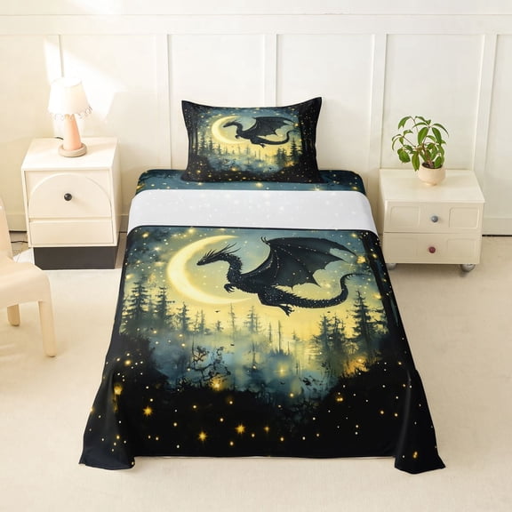 Erosebridal Magic Dragon Twin Sheet Sets for Boys, Magical Jungle Night Bedding, 1 Flat Sheet, 1 Fitted Sheet and 1 Pillowcase