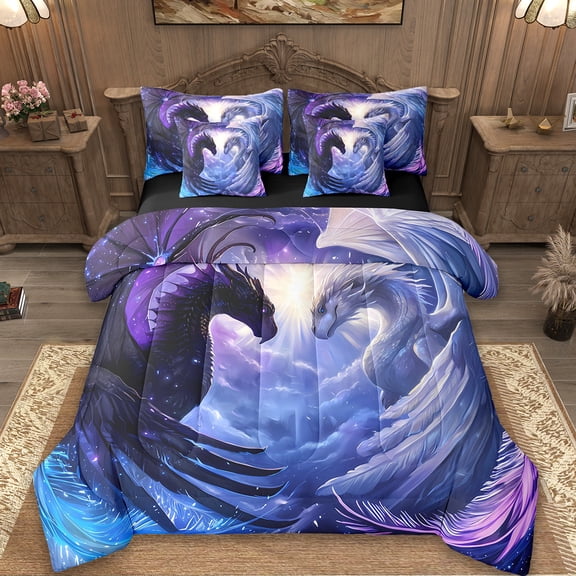 Erosebridal Magic Dragon Wildlife Bed in a Bag Twin Size,Animal Wings Bed Set,Gradient Purple Blue Cloud Bedding Twin Size,Super Cozy Room Decoration Reversible,7 Pieces