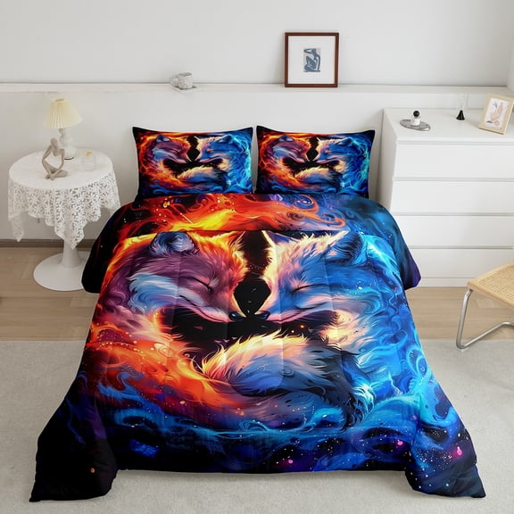 Erosebridal Magic Fox Bedding Sets Queen with Comforter, Fairy Tale Duvet Insert, Cartoon Animal Reversible Down Comforter, Ultra Soft Bedroom Decorative, 3pcs