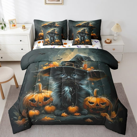 Erosebridal Magic Kitten Bedding Sets Twin Size, Halloween Pumpkin Comforter Sets with Sheets, Kawaii Cat Reversible Bedding Twin Size, Super Cozy Room Decorative, 7 Pieces