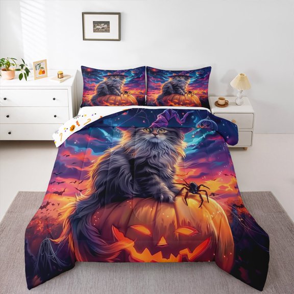 Erosebridal Magic Kitten Comforter Sets Twin Size, Halloween Pumpkin Comforters & Duvets, Cartoon Theme Reversible Bedding Twin Comforter Set, Lightweight Room Decoration, 2pcs