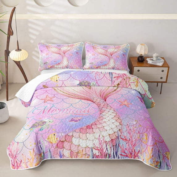 Erosebridal Magic Ocean Mermaid Quilt Full, Princess Style Full Bedspread Sets, 3 Pieces