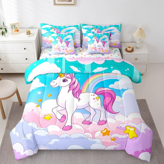 Erosebridal Magic Unicorn Bed in a Bag Twin Size, Rainbow Clouds Bed Set, Cute Stars Bed Sheets Setp with Comforter, Lightweight Bedroom Decoration, Reversible 7 Pieces