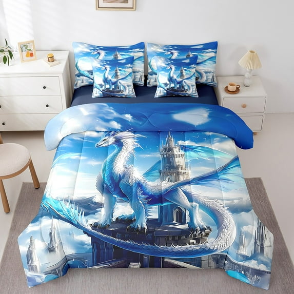 Erosebridal Magical Animals Bedding Sets King Size,White Dragon Comforter Sets with Sheets,Western Fantasy Art Bed in a Bag King Size,Super Cozy Room Decoration Reversible,7-Piece