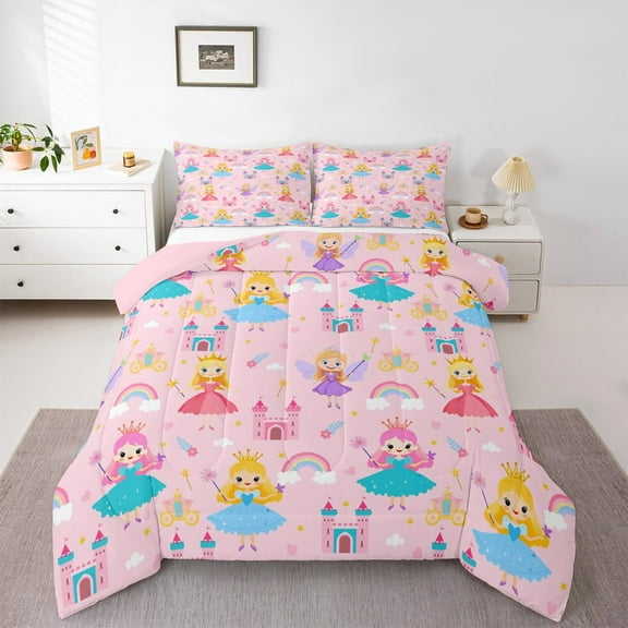 Erosebridal Magical Cartoon Princess Bedding Sets Twin with Comforter,Fairy Tale Castle Duvet Insert,Purple Rainbow Floral Comforter Sets Twin Size,Lightweight Bedroom Decor Reversible,2pcs