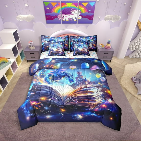 Erosebridal Magical Dragon Bed in a Bag Twin size, Dreamy Castle Bed Set, Glitter Butterfly Decor, Reversible 7pcs