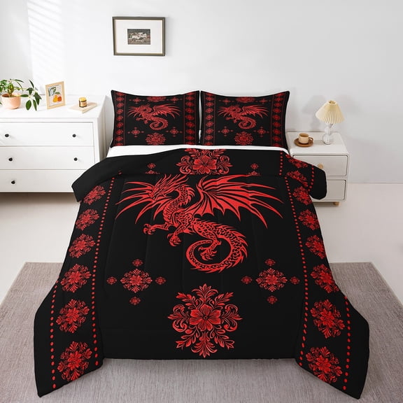 Erosebridal Magical Dragon Bedding King Comforter Set, Bohemian Hippie Down Comforter, Vintage Flower Decor, 3 Pieces