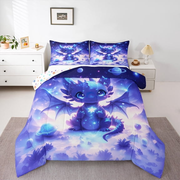 Erosebridal Magical Dragon Bedding King Comforter Set, Glitter Stars Comforter Sets King Size, Outer Space Planet Reversible Down Comforter, Breathable Room Decoration, 3pcs