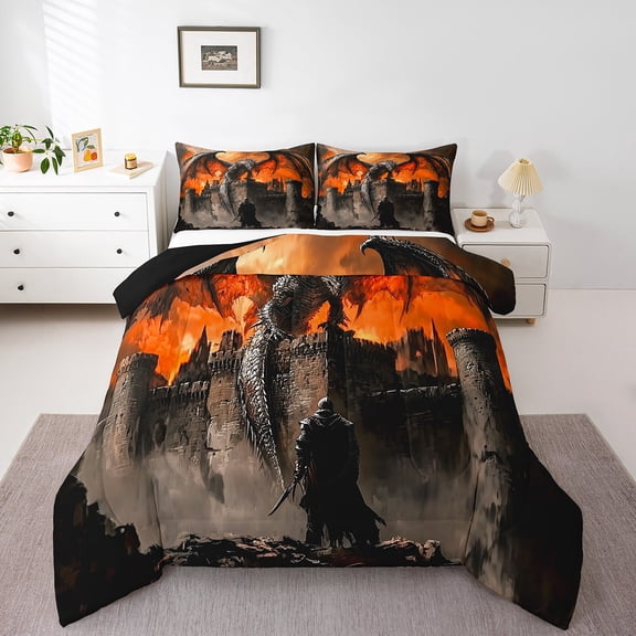Erosebridal Magical Dragon Bedding Sets Queen with Comforter, Samurai Castle Duvet Insert, Brown Orange Room Decoration, Reversible 3pcs