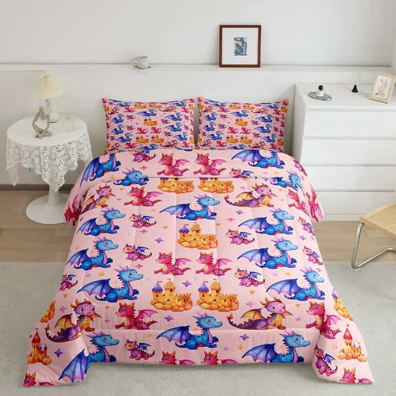 Erosebridal Magical Dragon Bedding Sets Twin with Comforter, Castle Print Duvet Insert, Pink Reversible Down Comforter, Breathable Room Decor, 2-Piece