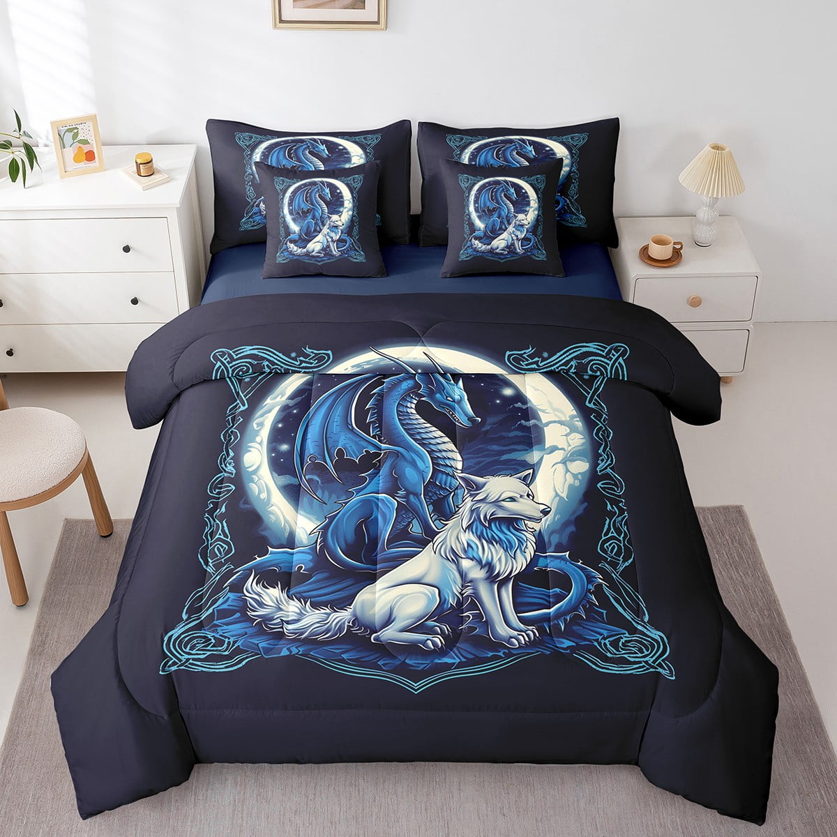 Erosebridal Dragon & Nebula Comforter Set - Twin Size, Blue Red Space Themed Bedding